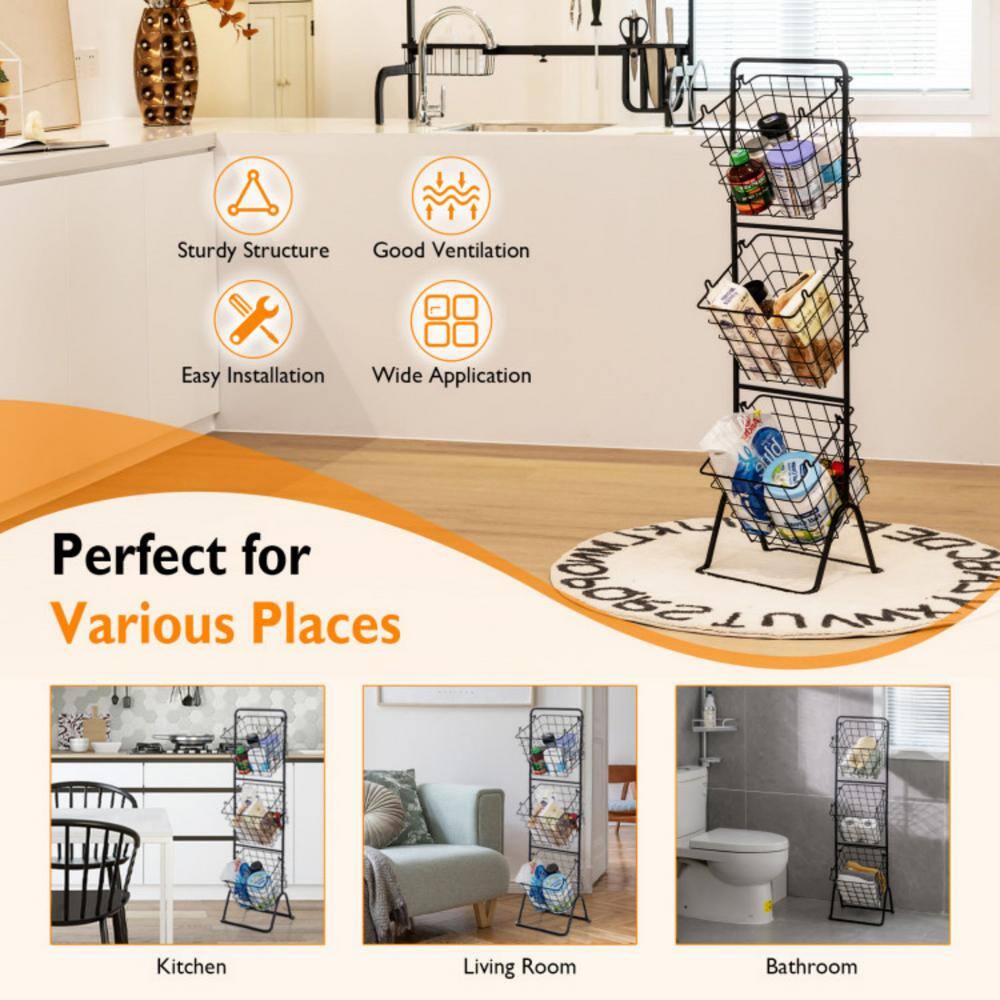 None 3-Tier Fruit Vegetable Storage Basket with Adjustable Heights