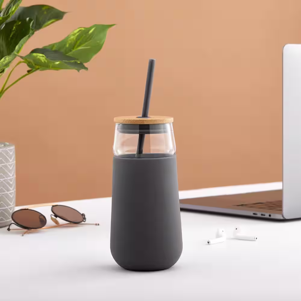 JoyJolt Glass Tumbler Straws and Silicone Sleeve - Black