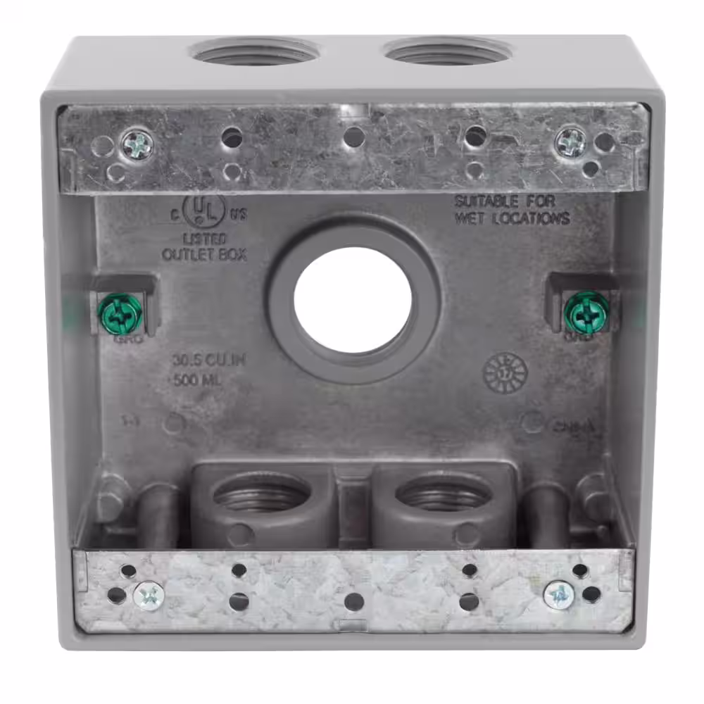 Commercial Electric 2-Gang Metallic Weatherproof Box with (5) 3/4 in. Holes, Gray