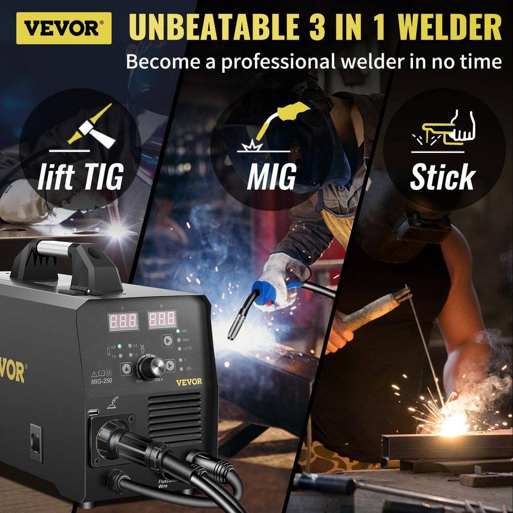 VEVOR 3-in-1 MIG/Lift TIG/MMA Welder 250 Amp Welding Machine Gas/Gasless with Gun IGBT Inverter USB Port
