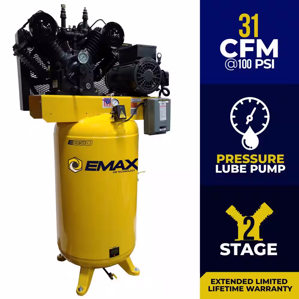 EMAX Industrial Series 80 Gal. 7.5 HP 1-Phase Electric Air Compressor with pressure lubricated pump