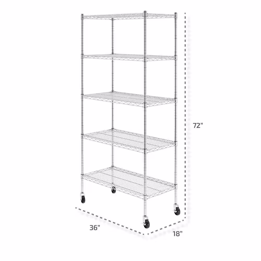 SafeRacks 72 in. H x 36 in. W x 18 in. D NSF 5-Tier Wire Chrome Shelving Rack with Wheels