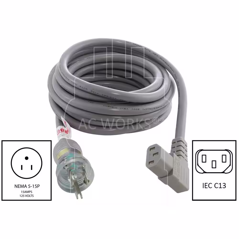 AC WORKS 15 ft. 14/3 15 Amp Medical Grade Power Cord with Right Angle IEC C13 Connector