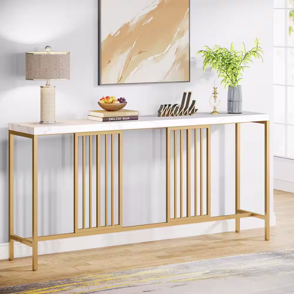BYBLIGHT Turrella 70.9 in. Gold Extra Long Rectangle Wood Console Table with Gold Iron Tube Frame