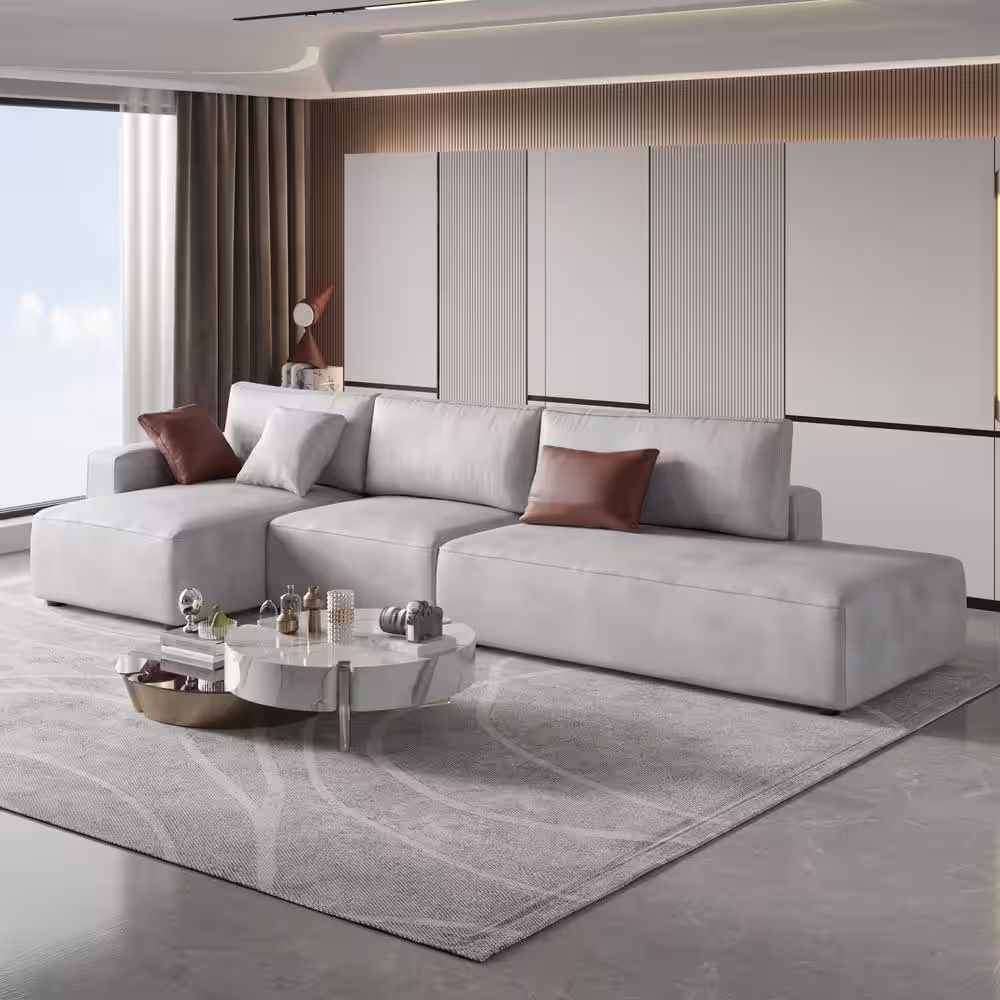 J&E Home 145.67 in. W Square Arm 3-Piece Technology Fabric L Shape Modern Design Leather Corner Sectional Sofa in Beige