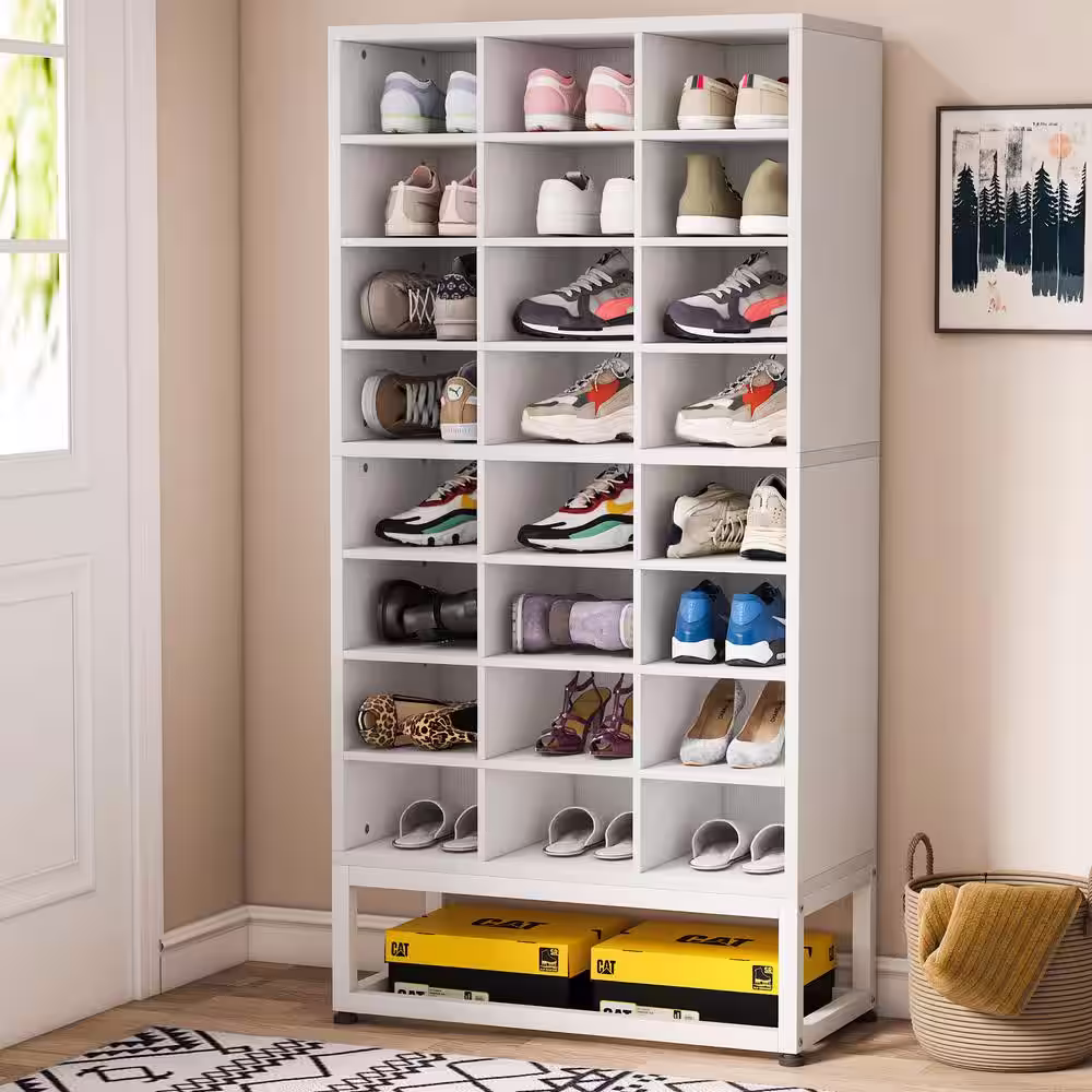 None 12.2 in. W White 24-Pairs Shoe Storage Cabinet, White Laminate Wood Shoe Rack with Adjustable Panel