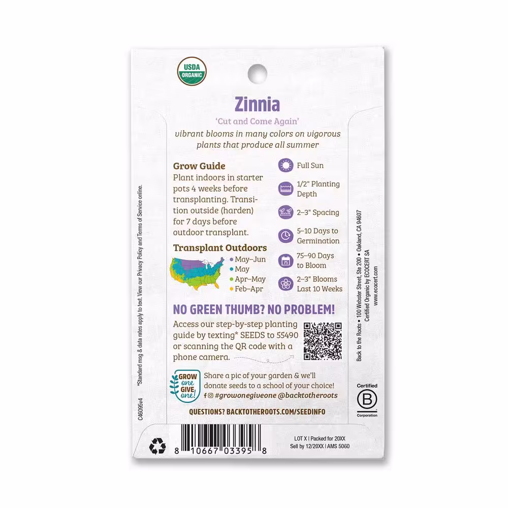 Back to the Roots Organic Zinnia Cut and Come Again Gardening Seeds