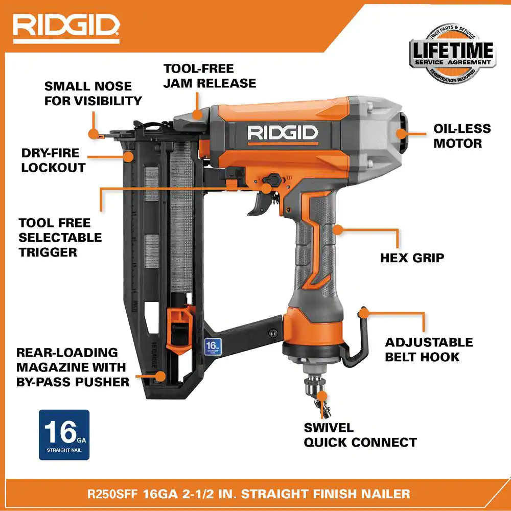 RIDGID Pneumatic 16-Gauge 2-1/2 in. Straight Finish Nailer with CLEAN DRIVE Technology