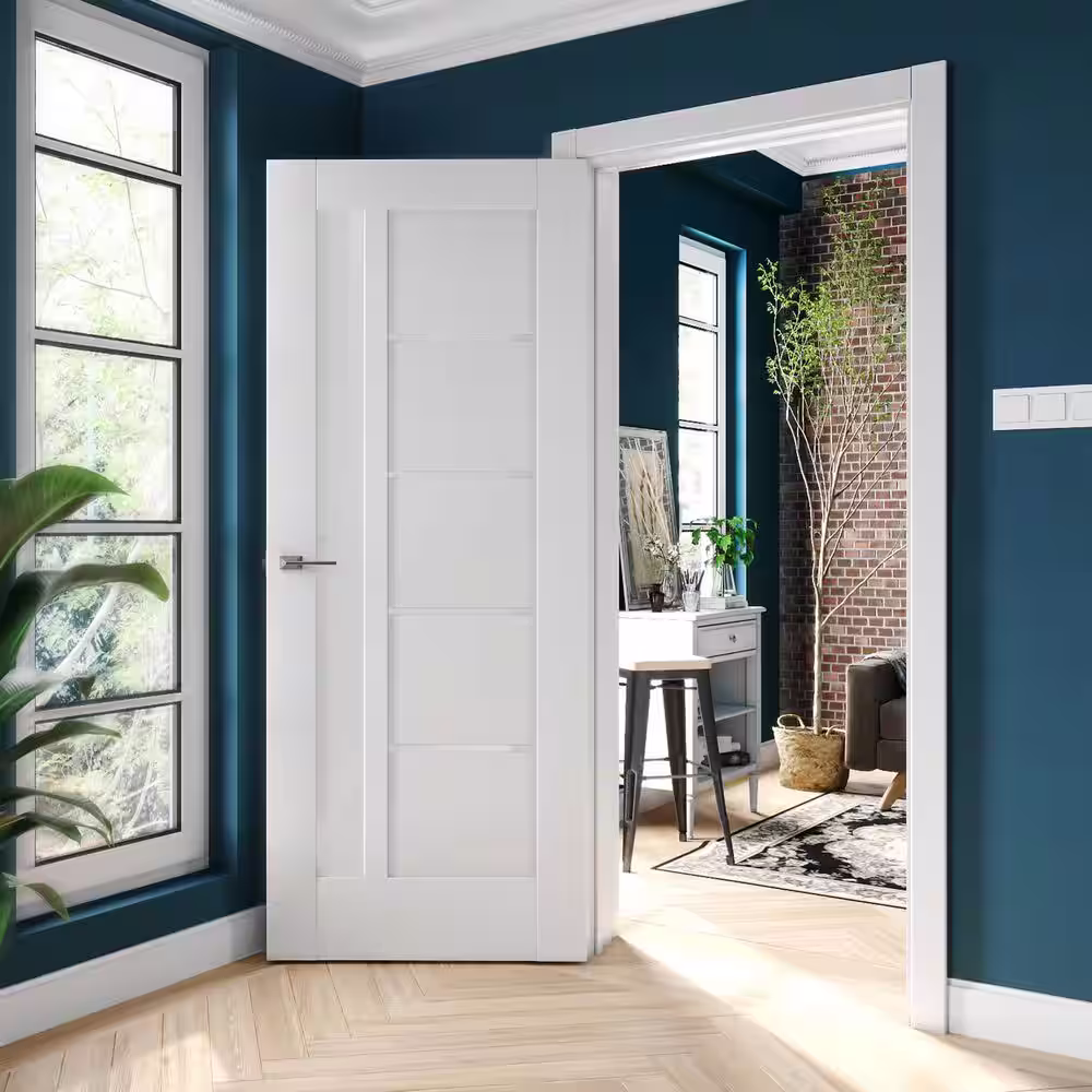 None 28 in. X 80 in. Pensacola White Prefinished Opal PC Glass 5-Lite Solid Core Wood Interior Door Slab No Bore
