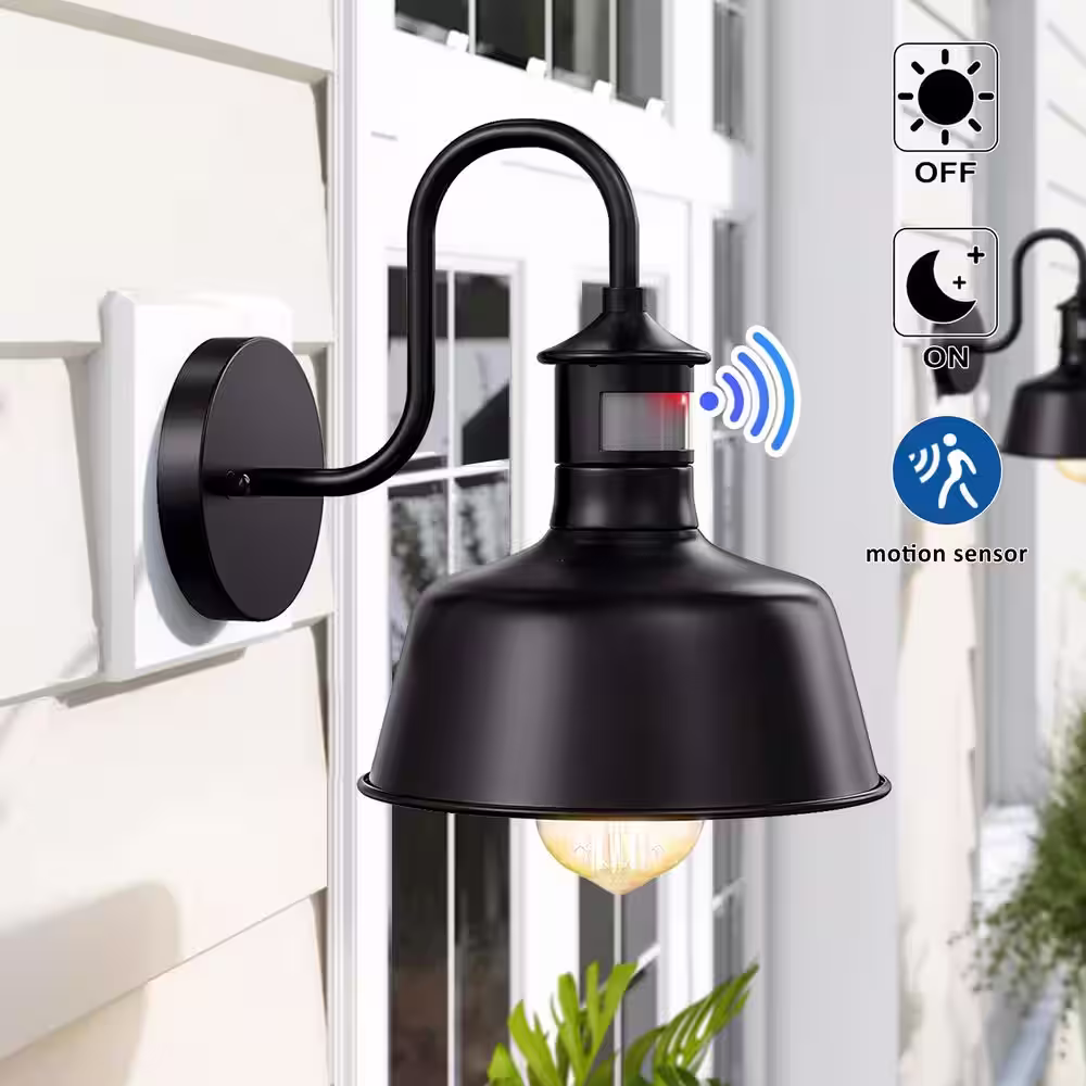 None Black Motion Sensing Dusk to Dawn Hardwired Gooseneck Outdoor Barn Light with No Bulbs Included