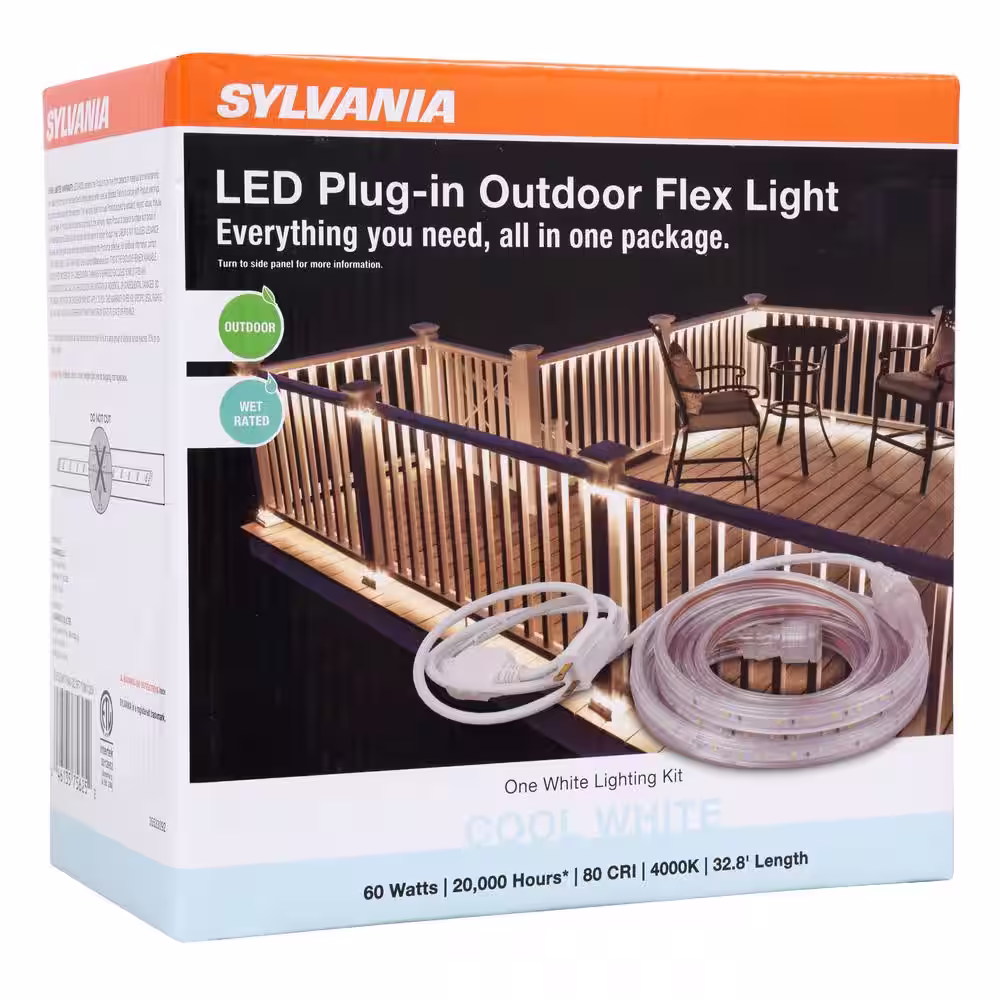 Sylvania 32.8 ft. 60-Watt Plug-In Outdoor Flex LED Landscape Lighting Deck Rail Lights Set Bright White 4000K, White