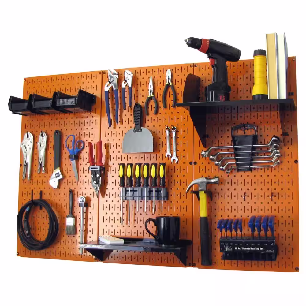 Wall Control 32 in. x 48 in. Metal Pegboard Standard Tool Storage Kit with Orange Pegboard and Black Peg Accessories