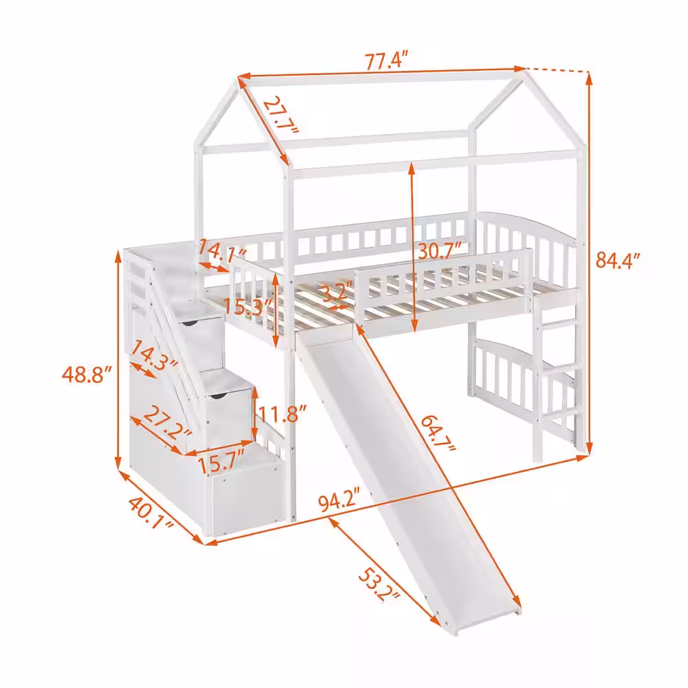 Harper & Bright Designs White Twin Size Loft Bed with Two Drawers and House Bed with Slide