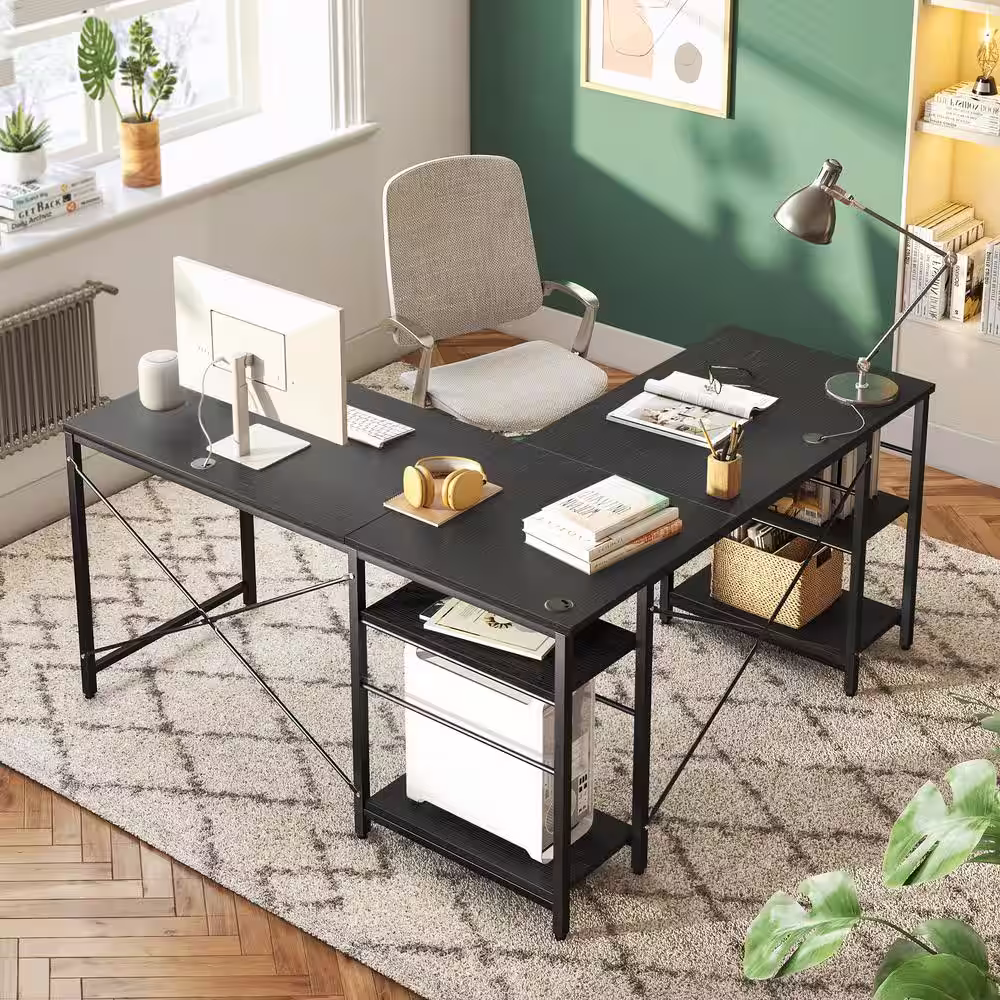 Bestier 95 in. Black - Grained L-Shaped Computer Desk with Storage Shelves