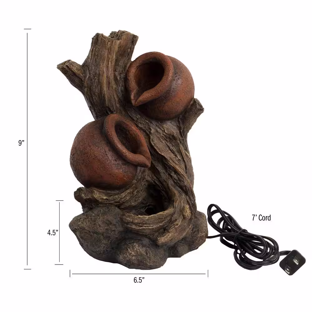 Pure Garden 9 in. Indoor Cascading Rustic Tree Trunk and Clay Pots Tabletop Water Fountain