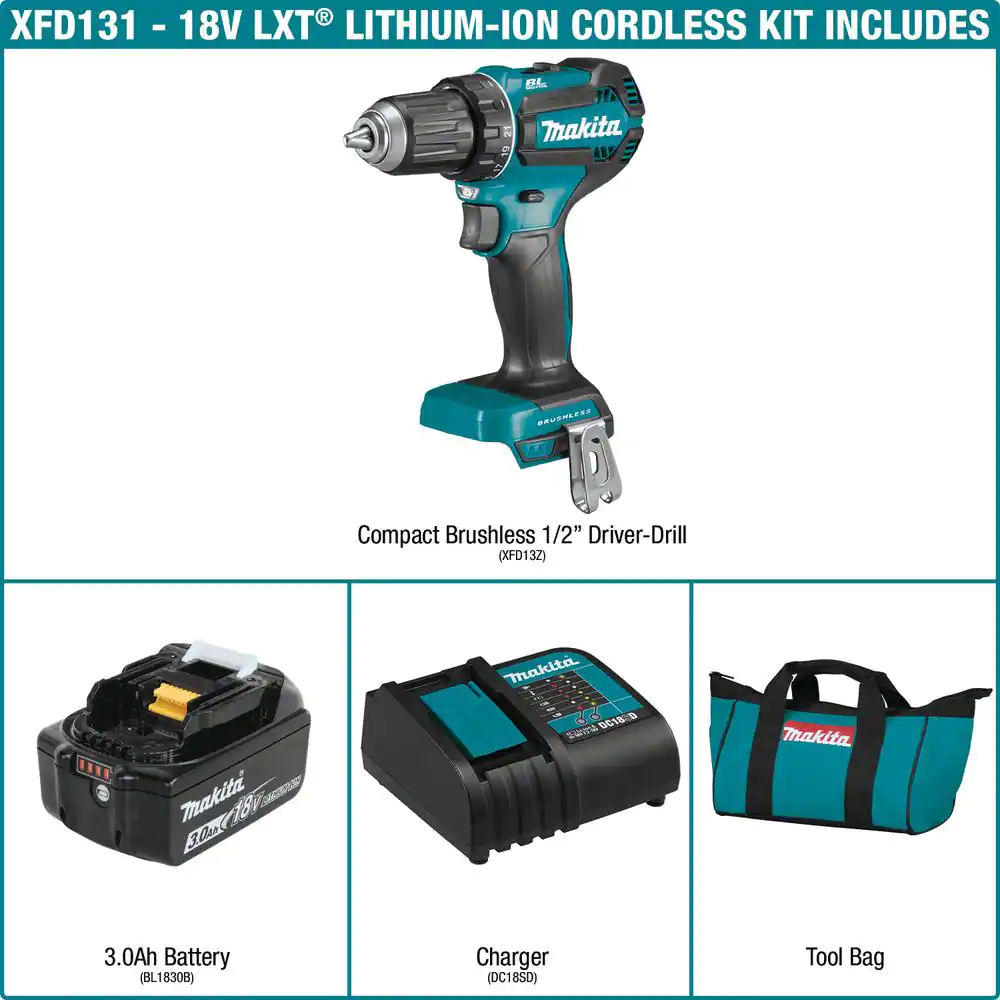 Makita 18V LXT Lithium-Ion Brushless Cordless 1/2 in. Driver-Drill Kit, 3.0Ah