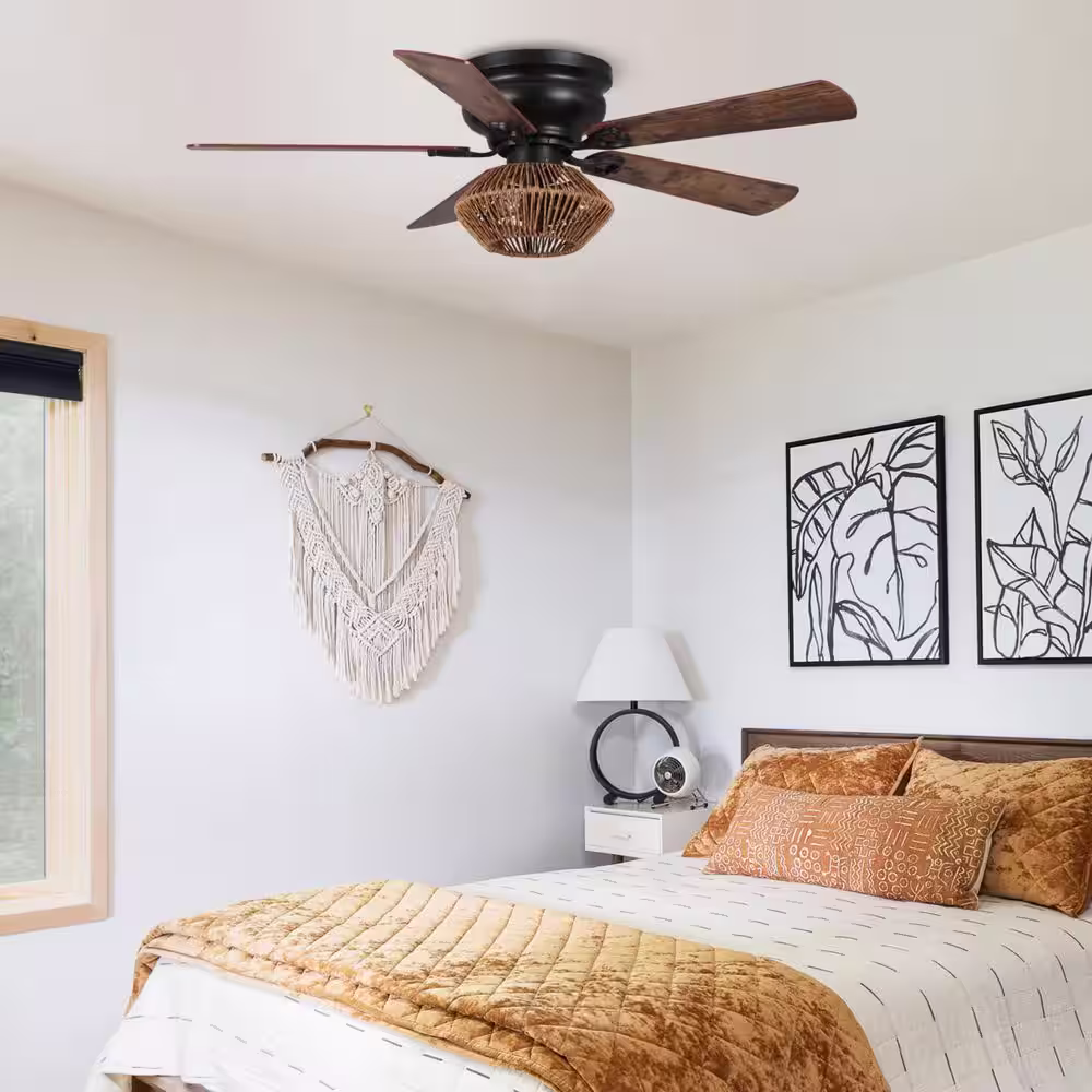 Parrot Uncle 48 in. Indoor Matte Black Flush Mount Farmhouse Rattan Ceiling Fan with Remote Control and Light Kit
