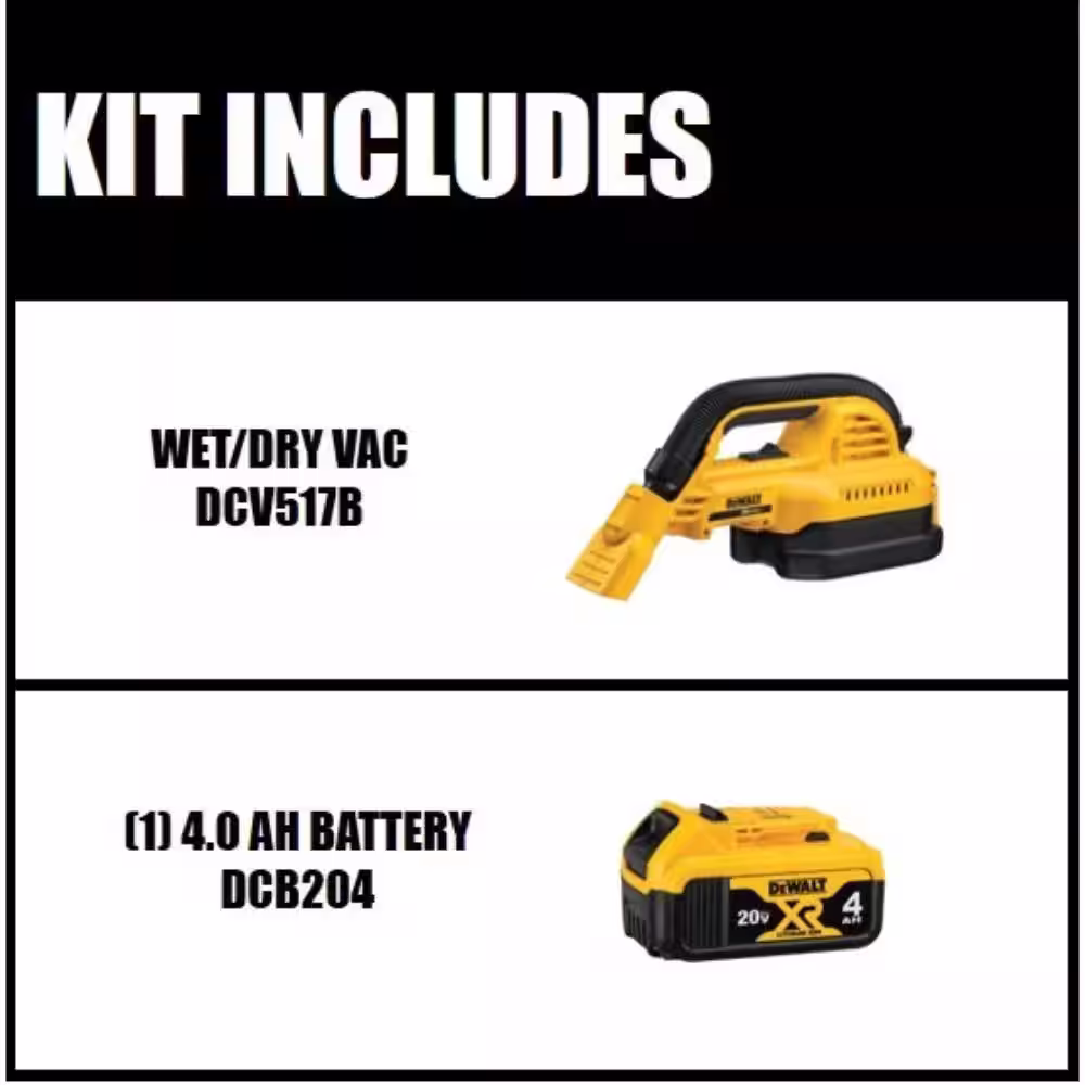 DEWALT 20V MAX Cordless 1/2 Gal. Wet/Dry Portable Vacuum and (1) 20V MAX XR Premium Lithium-Ion 4.0Ah Battery