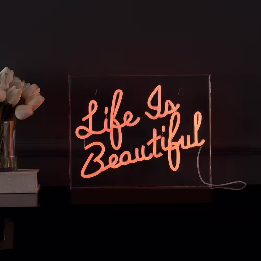 JONATHAN Y Life is Beautiful 13.7 in. x 10.9 in. Contemporary Glam Acrylic Box USB Operated LED Neon Night Light, Orange