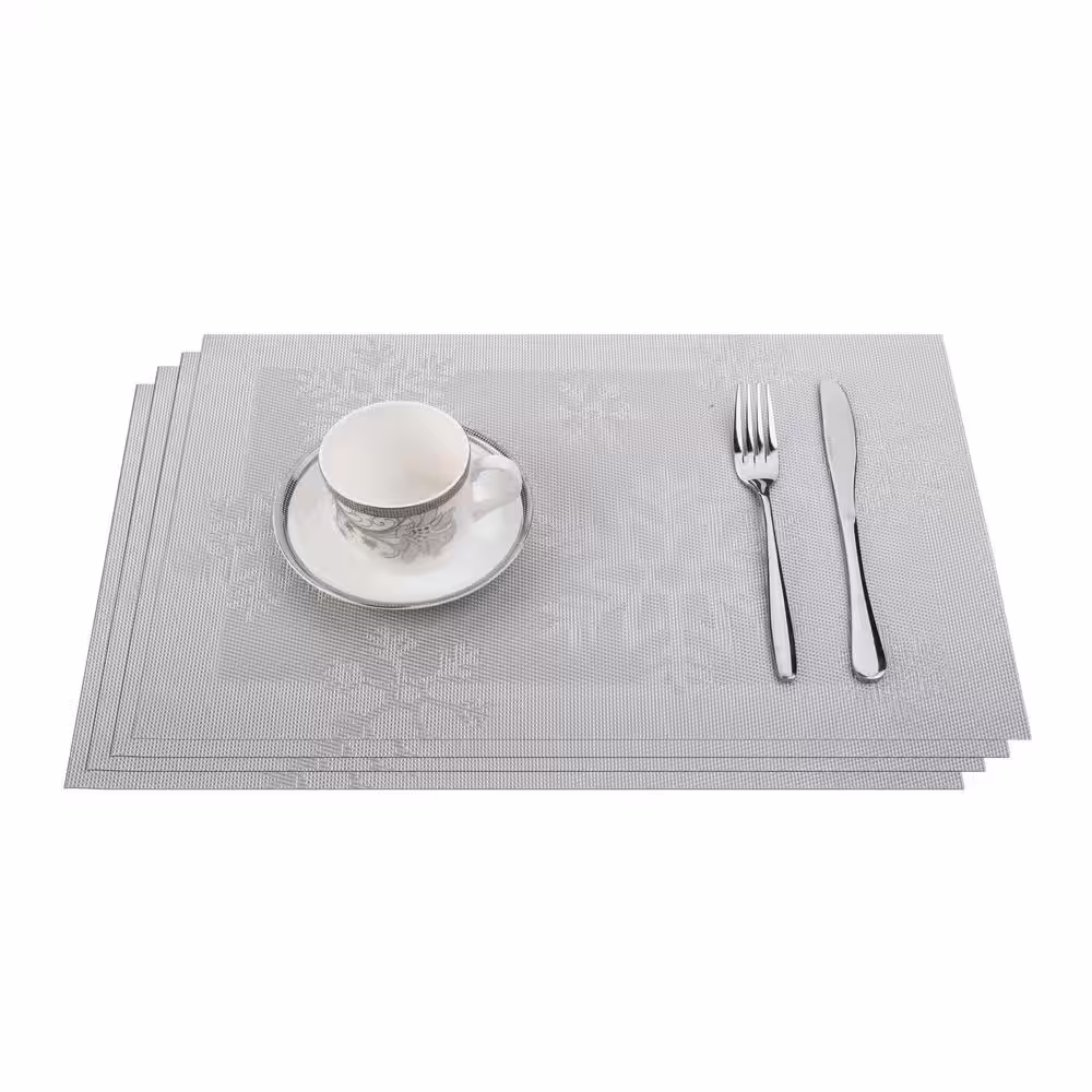 J&V TEXTILES Silver Snowflakes Jacquard 12 in. x 18 in. PVC Fiber Woven Non-Slip Washable Placemat (Set of 4)