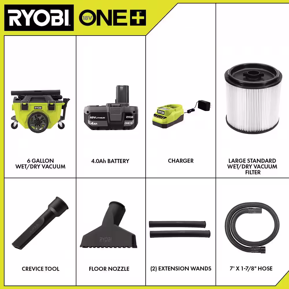 RYOBI ONE+ 18V Cordless 6 Gal. Wet Dry Vacuum Kit with 4.0 Ah Battery and 18V Charger