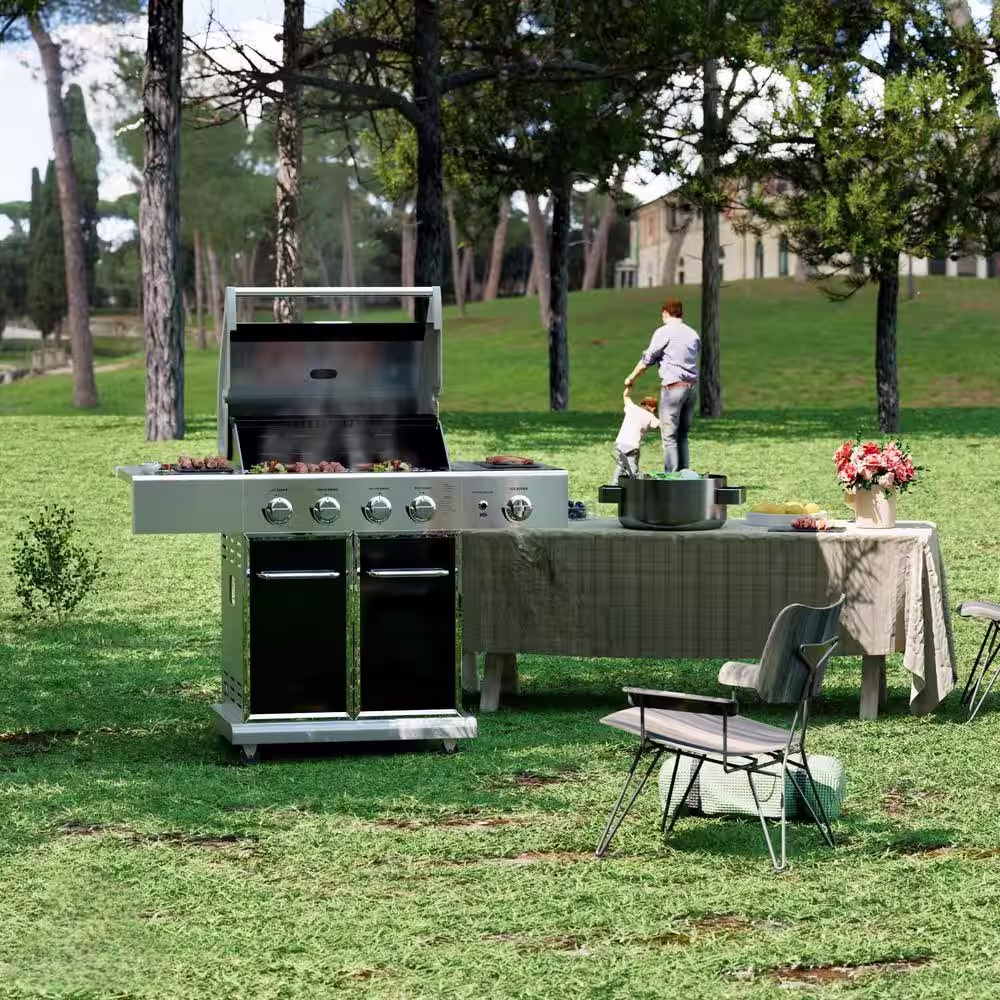 None 4-Burner Stainless Steel Propane Gas Grill in Black and Silver with Side Burner