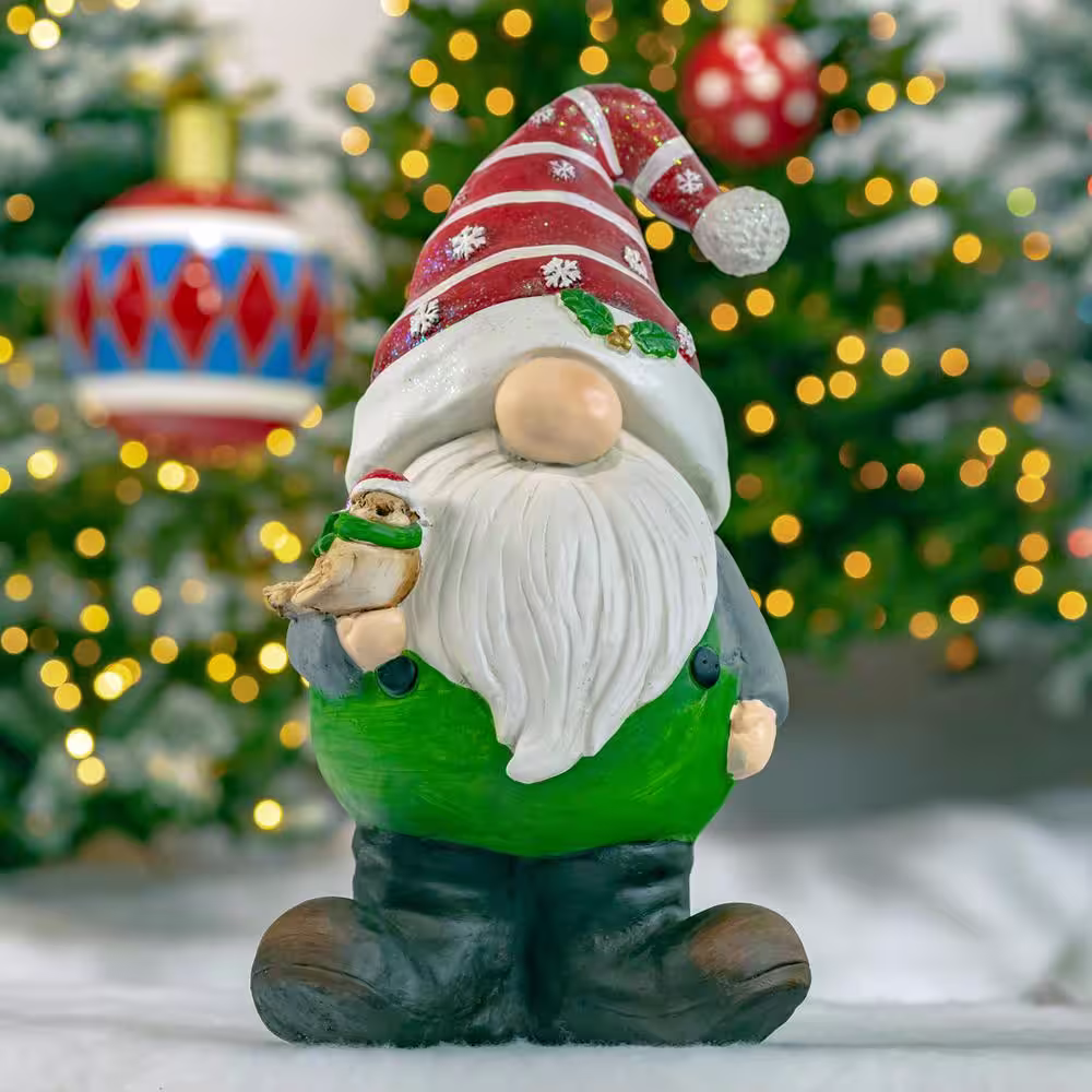 Zaer Ltd. International 20 in. Tall Christmas Gnome Holding Bird with Red Snowflake Hat
