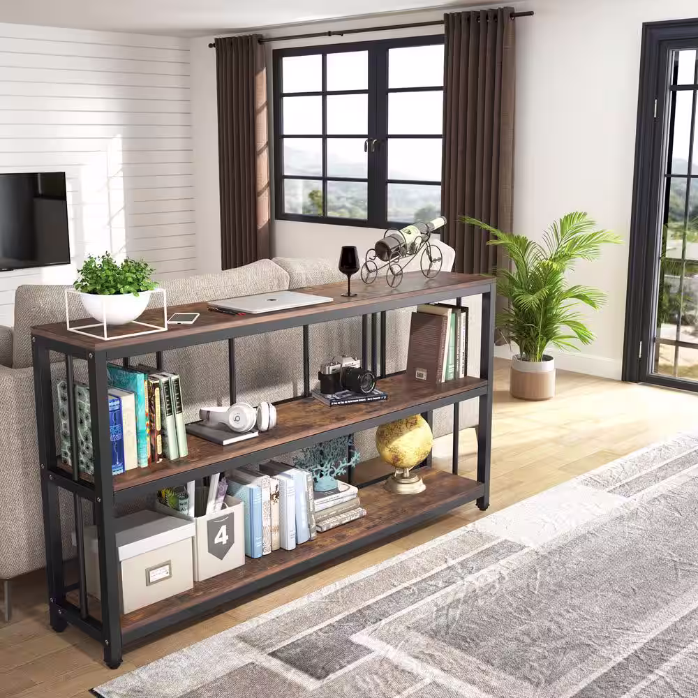 Tribesigns Catalin 70.9 in. Wood Vintage Brown Sofa Table, Industrial 3-Tiers Console Narrow Long Sofa Table with Storage Shelves