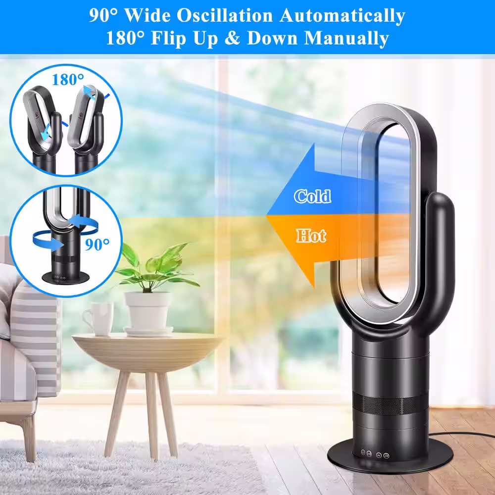 None 26 in. 3-Fan Speeds Bladeless Tower Fan in Black with Heater and Cooling Combo, Remote Control for Home Air Conditioner