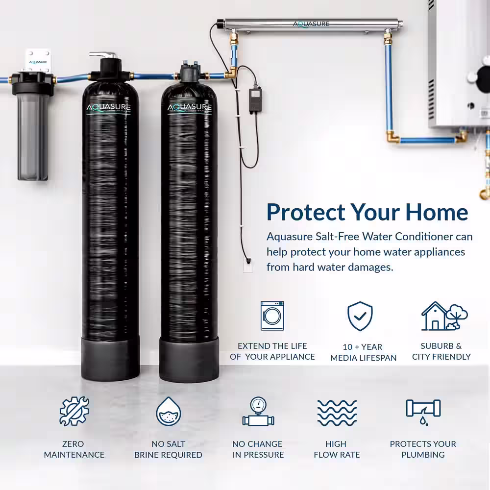 AQUASURE Serene 10 GPM Salt-Free Conditioning Whole House Water Treatment System Pleated Sediment Pre-Filter and UV Sterilizer