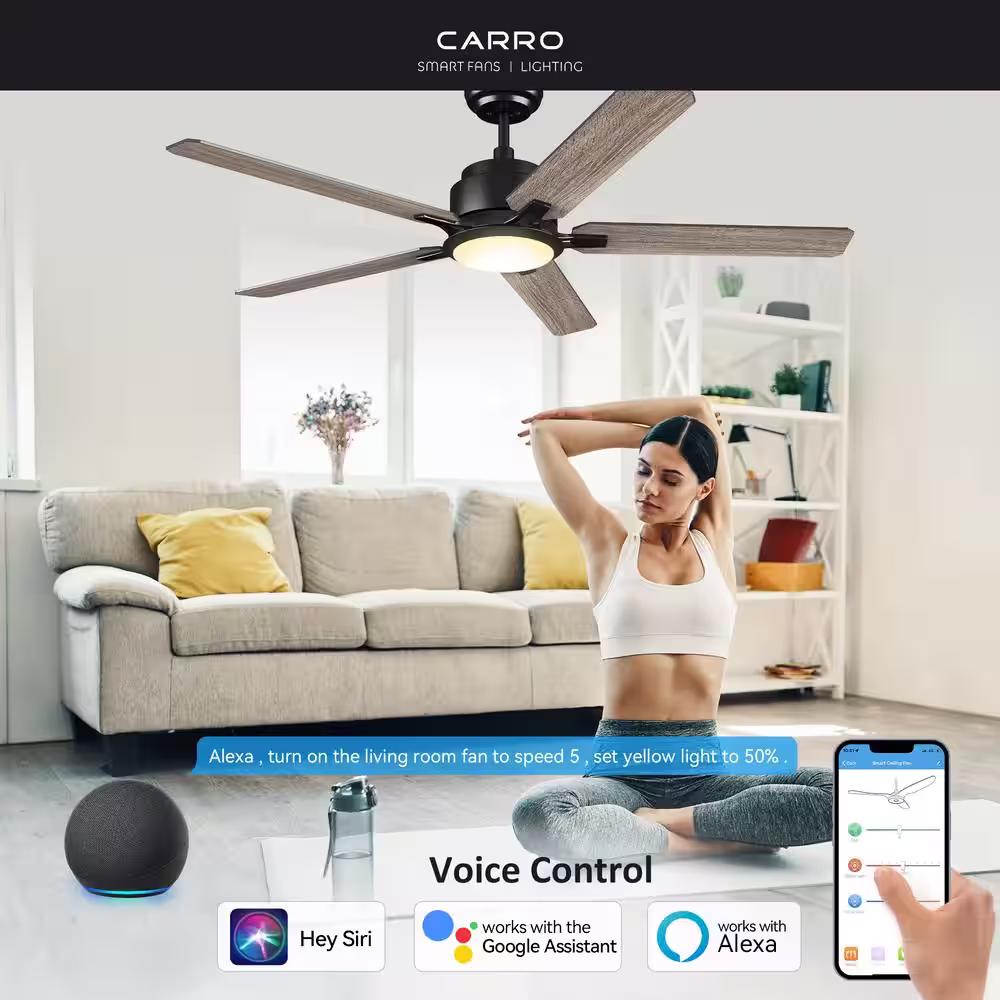 CARRO Essex 56 in. Dimmable LED Indoor/Outdoor Black Smart Ceiling Fan with Light and Remote, Works with Alexa/Google Home