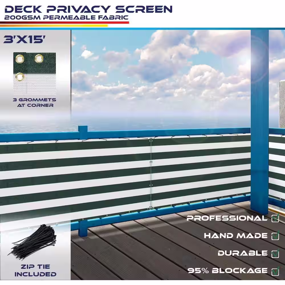 None 3 ft. x 15 ft. Deck Balcony Privacy Screen for Deck Pool Fence Railings Apartment Balcony Privacy Screen, Green & White