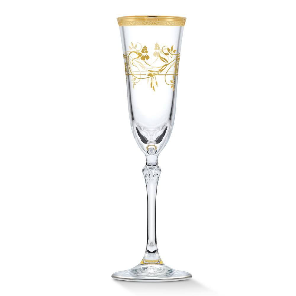 Lorren Home Trends 5 oz. Traditional Floral and Gold Champagne Flute Stem Set (Set of 4)