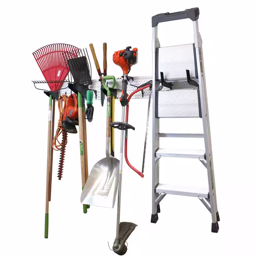 Wall Control 8 in. H x 64 in. W Garage Tool Storage Lawn and Garden Tool Organizer Rack with White Metal Pegboards and Black Hook Set