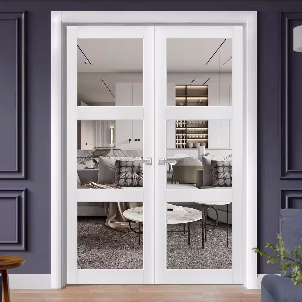 Sartodoors 2555 48 in. x 80 in. Universal Handling 3 Lite Clear Glass Solid White Finished Pine Wood Interior Door Slab