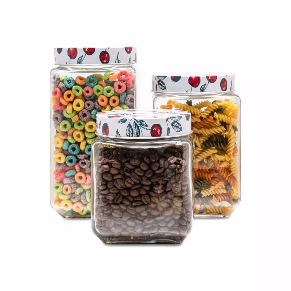 American Atelier 3-Piece Set Bing Cherries Square Clear Glass Jars with Printed Lids