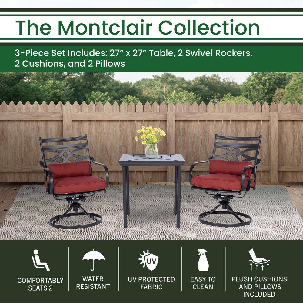 Hanover Montclair 3-Piece Steel Outdoor Bistro Set with Chili Red Cushions, 2 Swivel Rockers and 27 in. Table