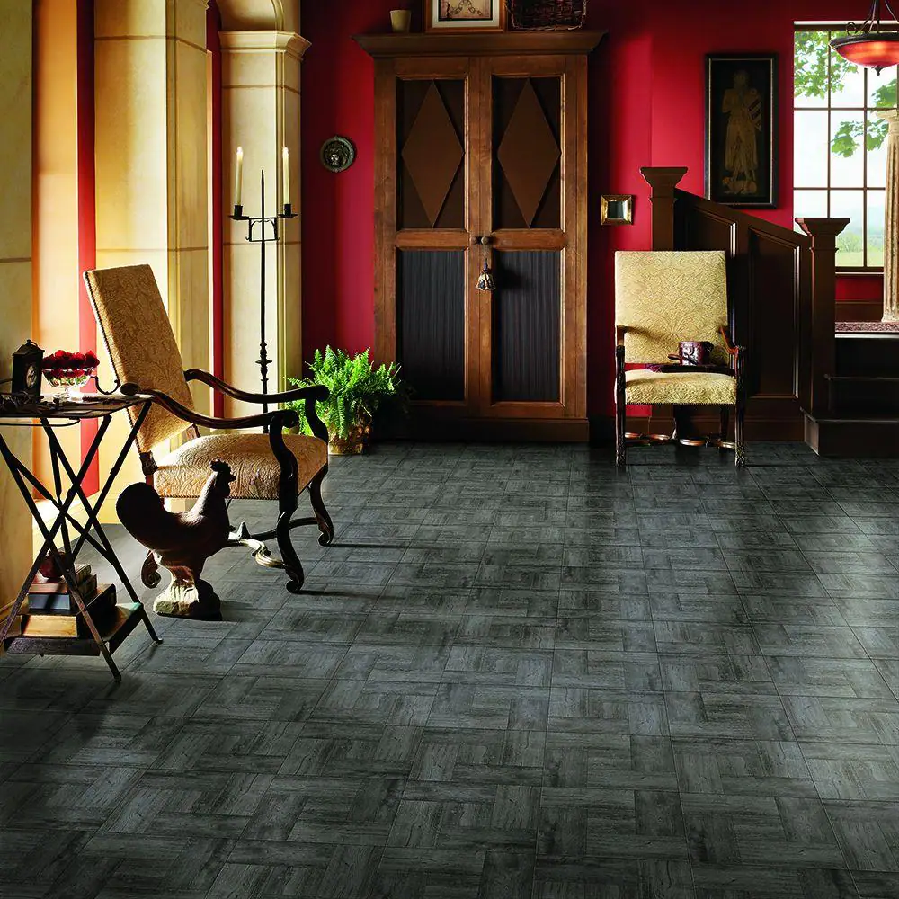 TrafficMaster Grey Wood Parquet 3 MIL x 12 in. W x 12 in. L Peel and Stick Water Resistant Vinyl Tile Flooring (30 sqft/case)