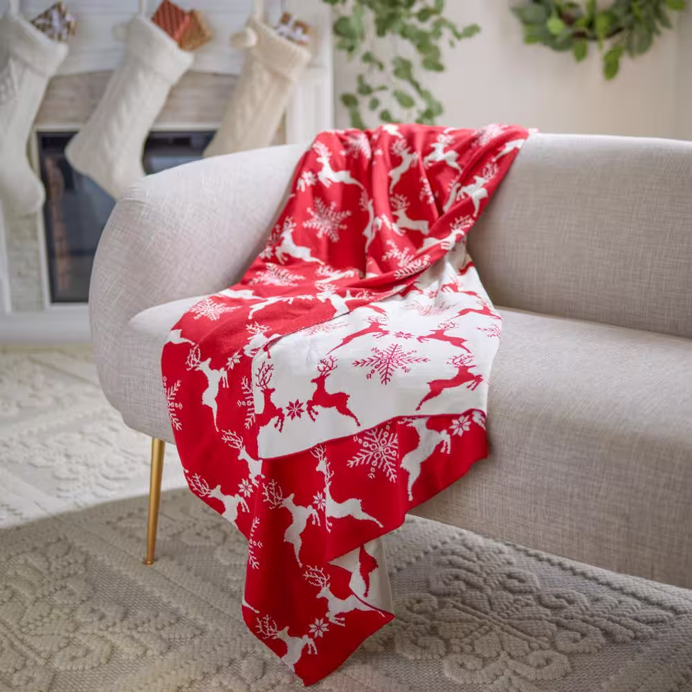 None Reindeer Dancer Snowflake Red Cotton Throw Blanket