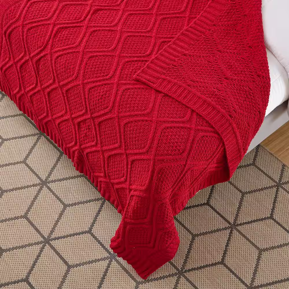 None Howard Red Chenille Diamond Cable Polyester 50 in. x 60 in. Throw Blanket