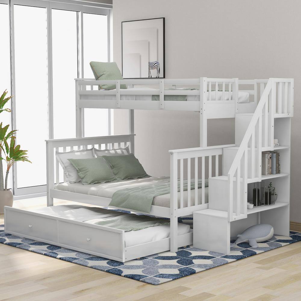 None White Twin Over Full Bunk Bed with Twin Trundle and Bookshelves, Solid Wood Kids Bunk Bed Frame with Staircases