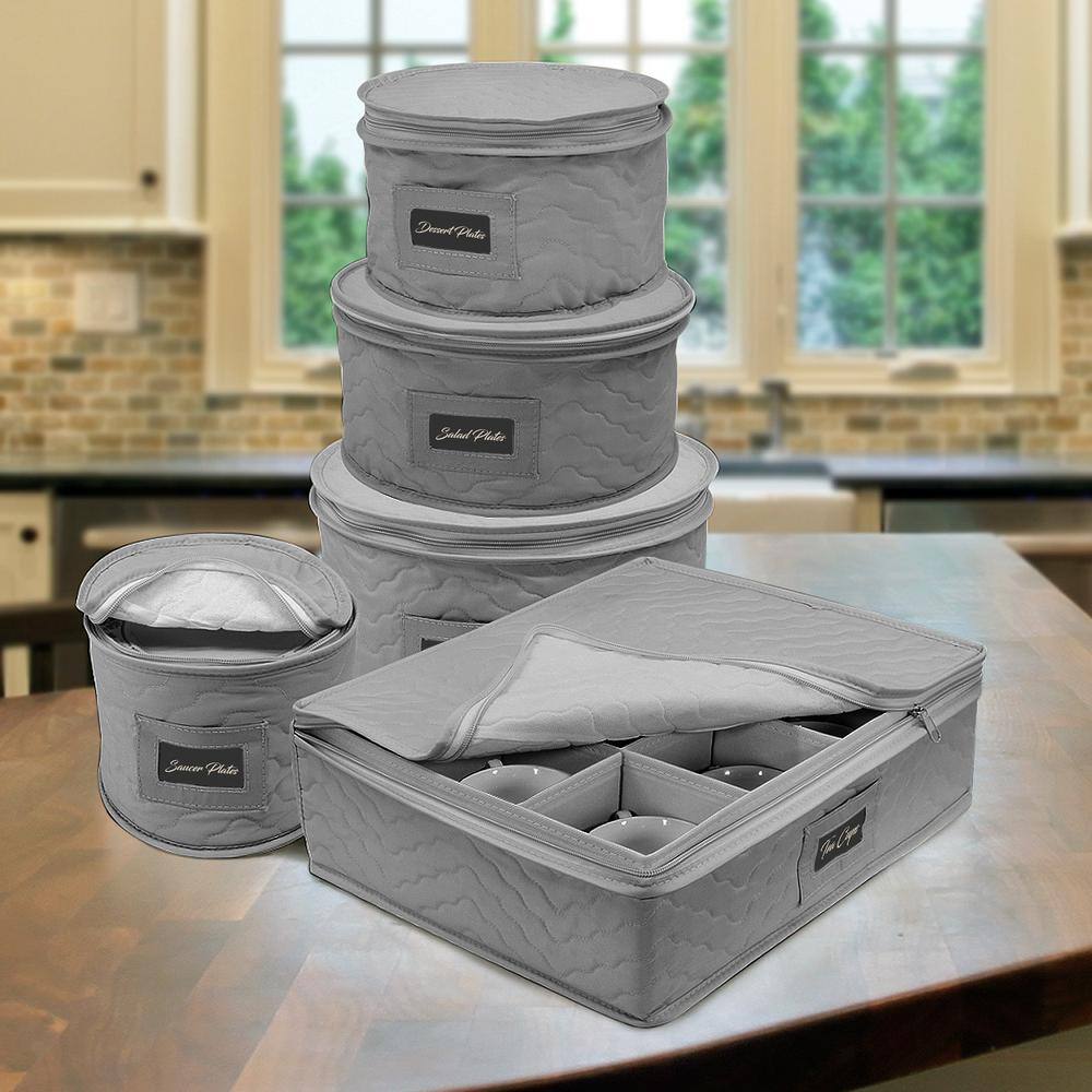 Sorbus Cup and Plate Storage Organizer Gray Polyester Dinnerware Storage with Zip lock lid 5 Pack