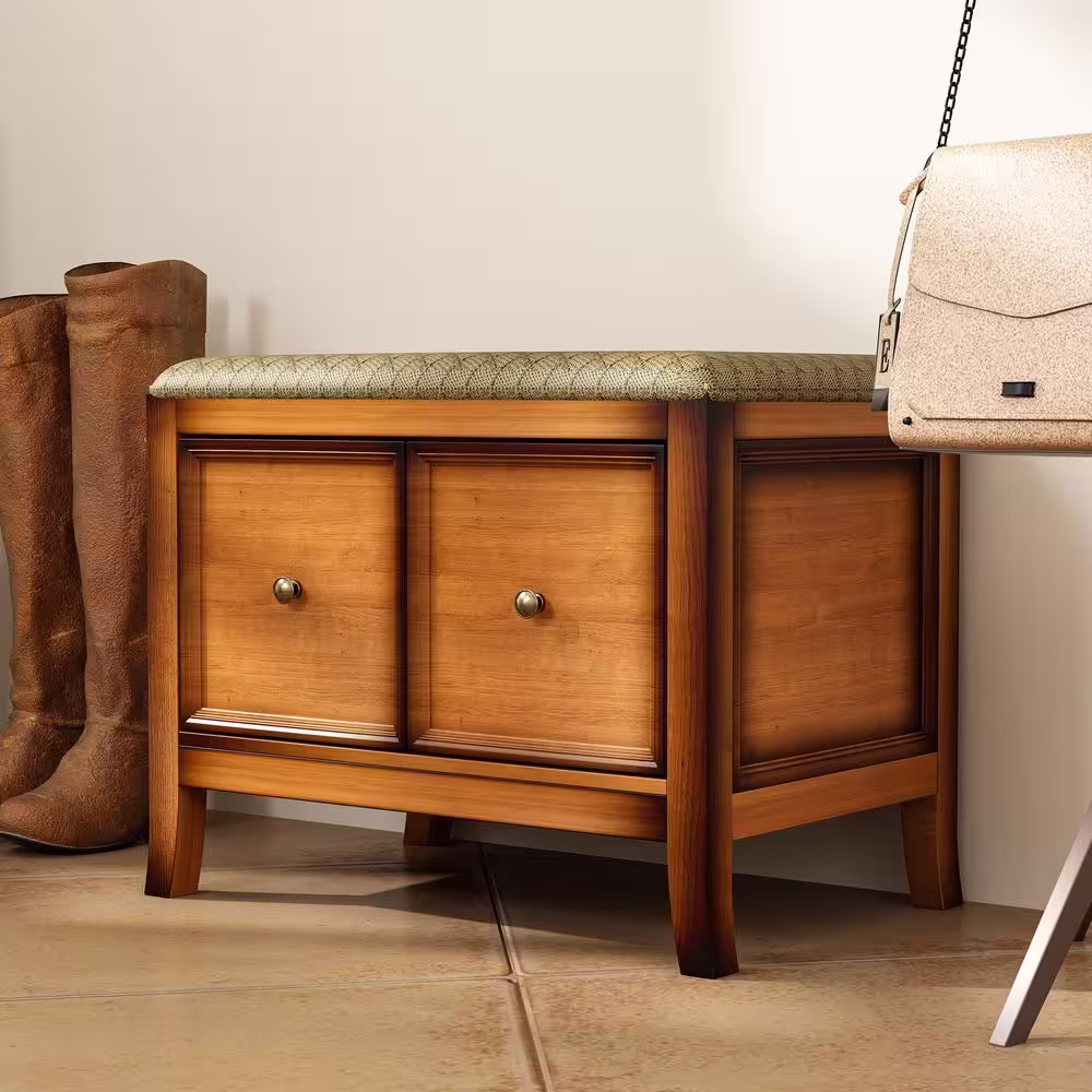 None 19.5 in. H x 23.8 in. W Red Brown Wooden Retro Style Shoe Storage Bench with Cushion, 2-Drawers