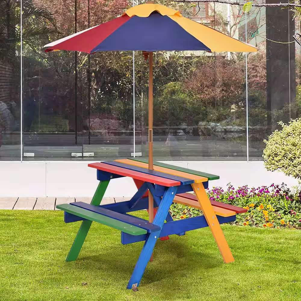 ANGELES HOME Rectangle Wood Outdoor Picnic Table with Umbrella