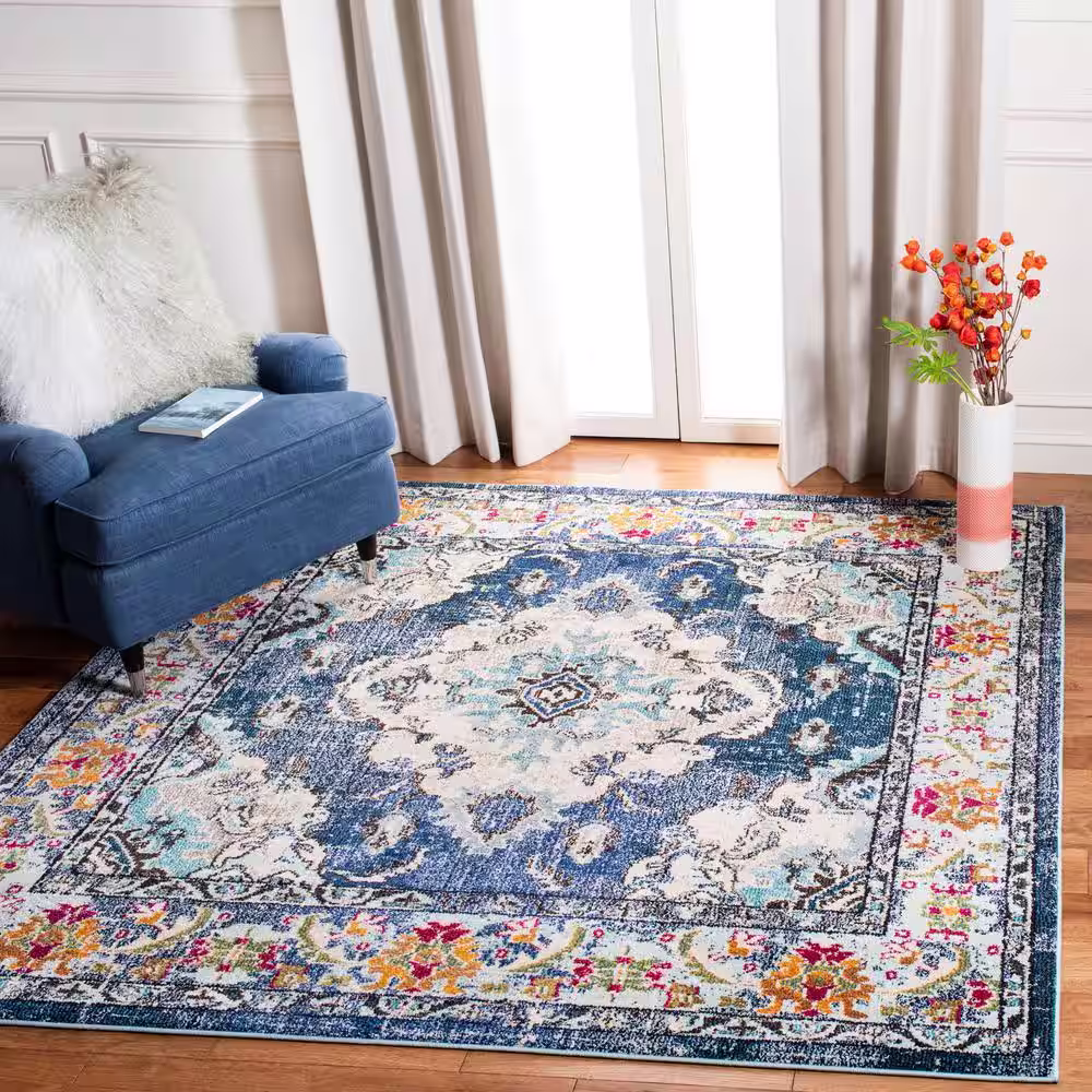 SAFAVIEH Monaco Navy/Light Blue 12 ft. x 12 ft. Distressed Border Medallion Square Area Rug