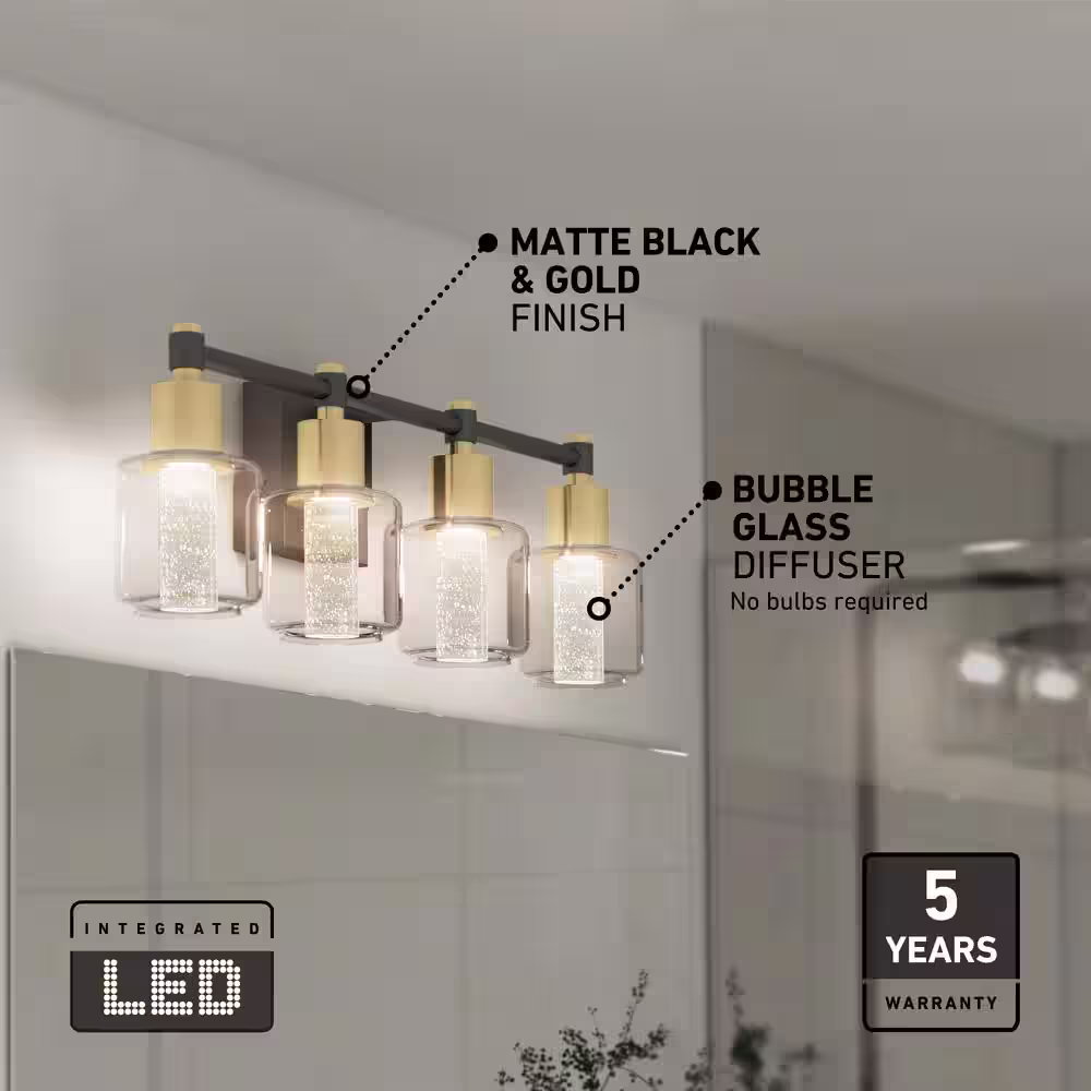 Artika Champagne Globe 26 in. 4-Light Black and Gold Modern Integrated LED 5 CCT Vanity Light Bar for Bathroom
