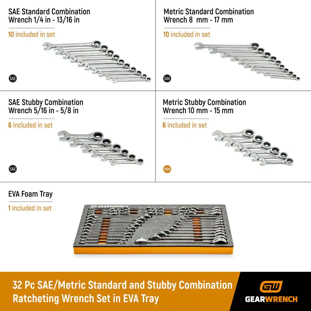 GEARWRENCH SAE/Metric Standard and Stubby Combination Ratcheting Wrench Set in EVA Tray (32-Piece)