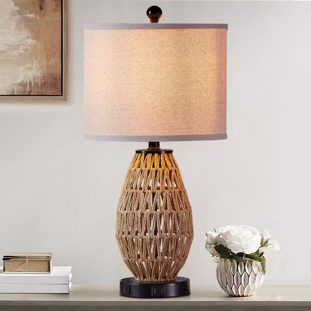 None Adone 23 in. H Brown Touch Control Rattan Table Lamps with 2 USB Ports and AC Outlet