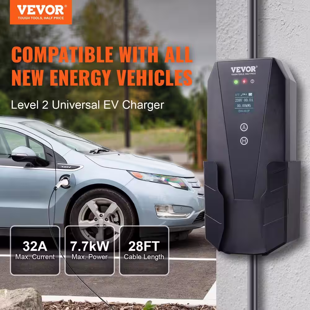 None EV Charger Level 2 16/20/24/32Amp Electric Vehicle Charger with 28 ft. Charging Cable NEMA 10-30P Plug for SAE J1772 EVs
