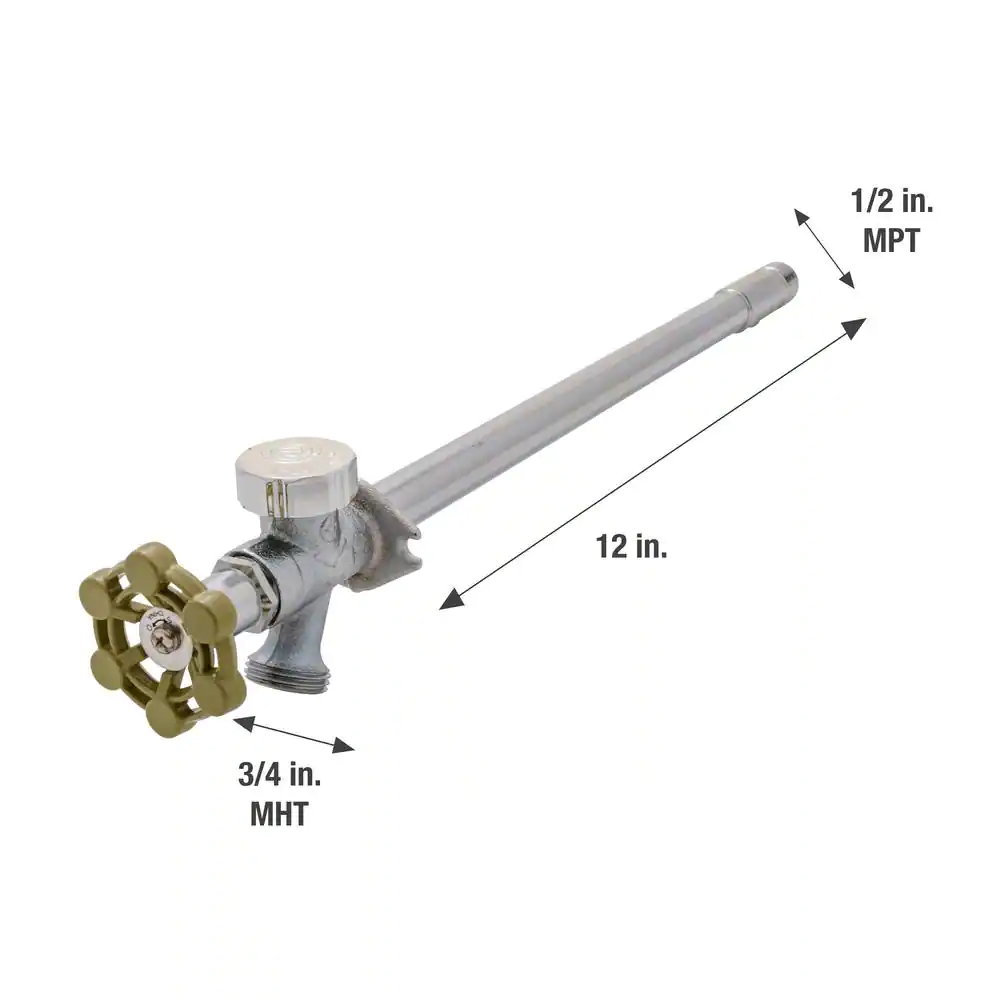 Everbilt 1/2 in. x 3/4 in. x 12 in. MPT/SWT x MHT Brass Anti-Siphon Frost Free Sillcock Valve with Multi-Turn Operation